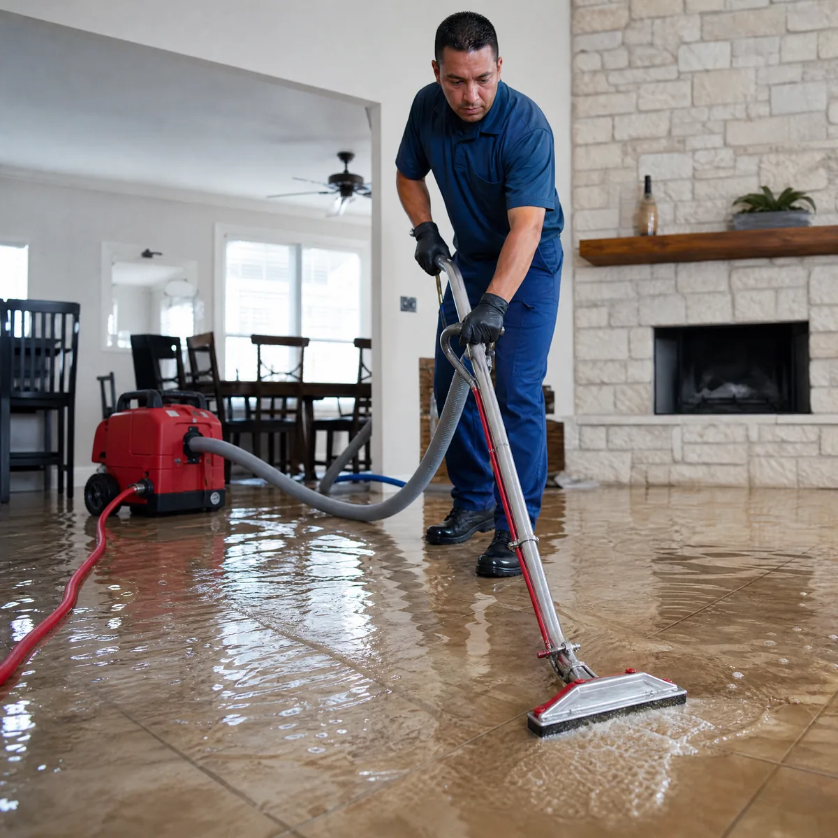 Technician extracting water from a damaged interior